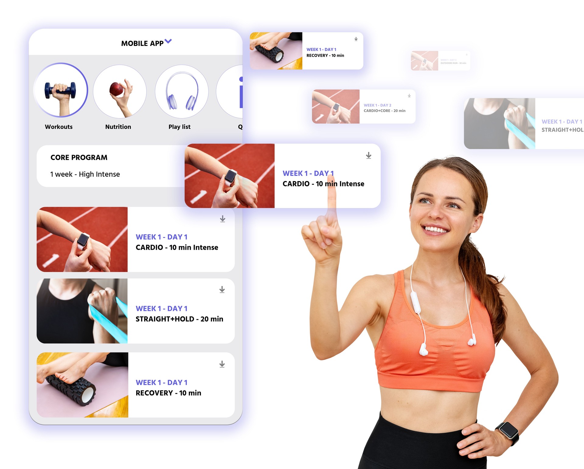 Virtual screen infographics and female sporty person. Sporty woman in sportswear choosing fitness workout in mobile app.