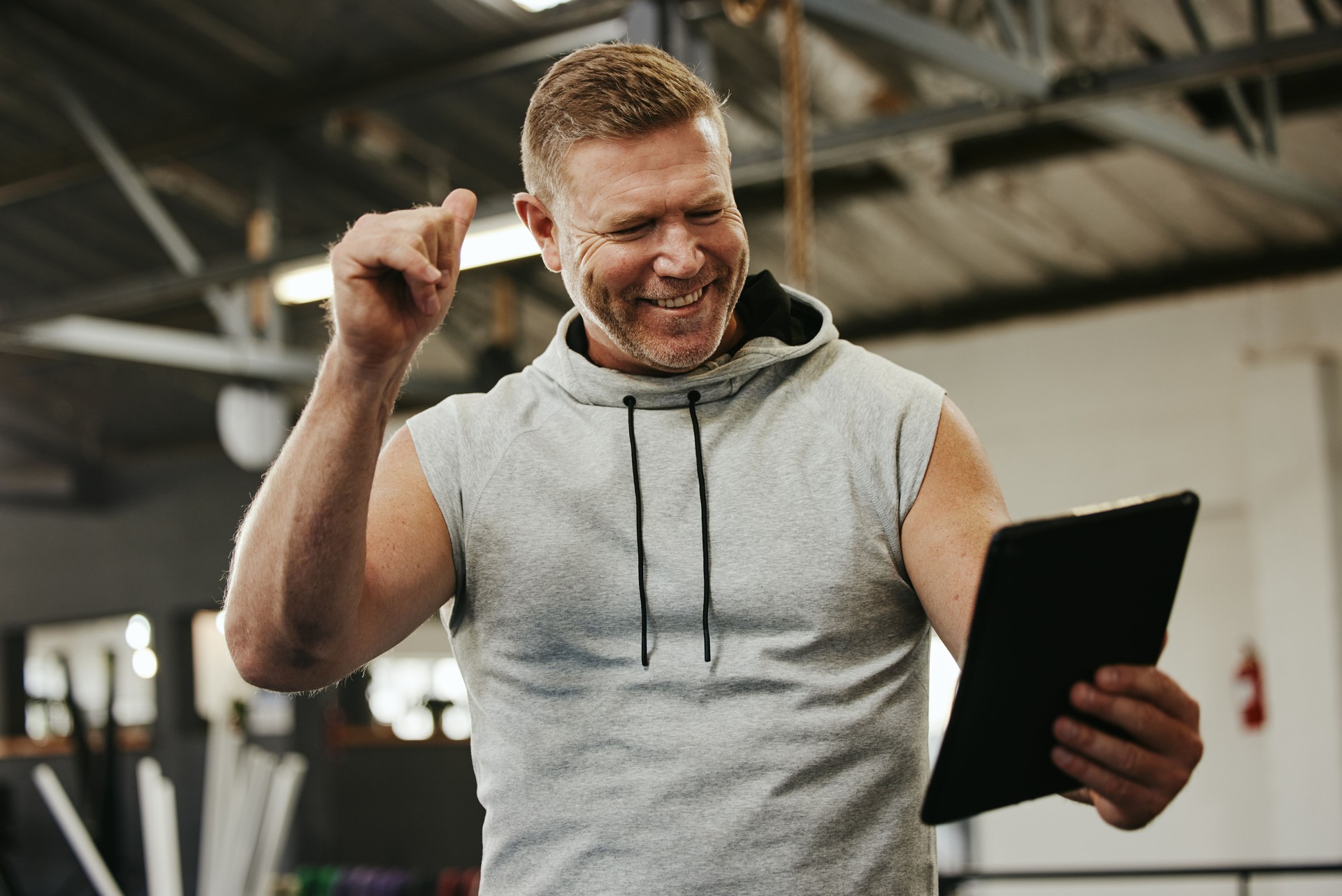 Thumbs up, tablet or wellness man on video call for networking, communication or personal trainer selfie for social media. Health, gym or happy coach for thank you, motivation or success workout goal